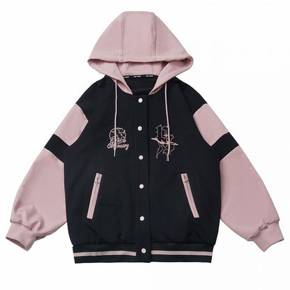 Schwarze und rosa Baseballjacke mit Kapuze, kurze/lange Version
