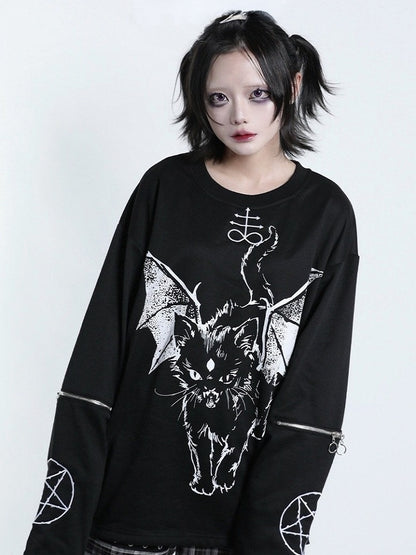Dark Kawaii Black & White Hell Cat Graphic Embroidered Zip Sweatshirt - Tribuo Flos