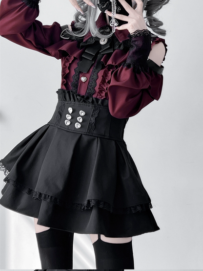 Jirai Button Blouse: Red Sweetheart Closure Wine Kei