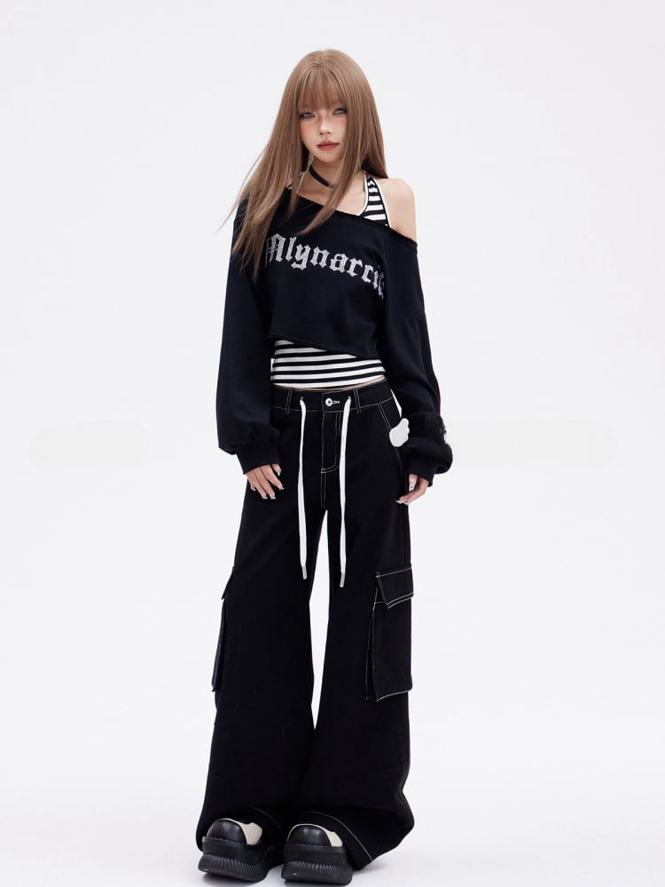 Glamorous Cropped-Sweatshirt-Set mit asymmetrischem Ausschnitt und weiß-schwarz gestreiftem Tanktop