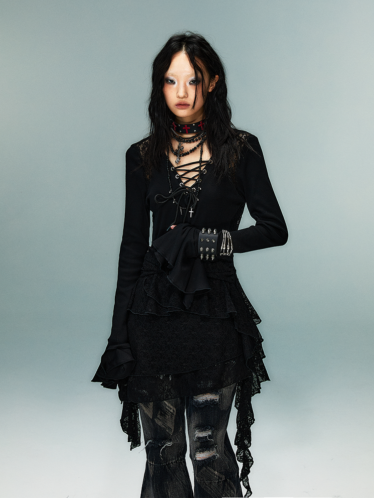 Knit Dress with Lace Accents Sleeve Hem Black Gothic Punk Bell Handkerchief