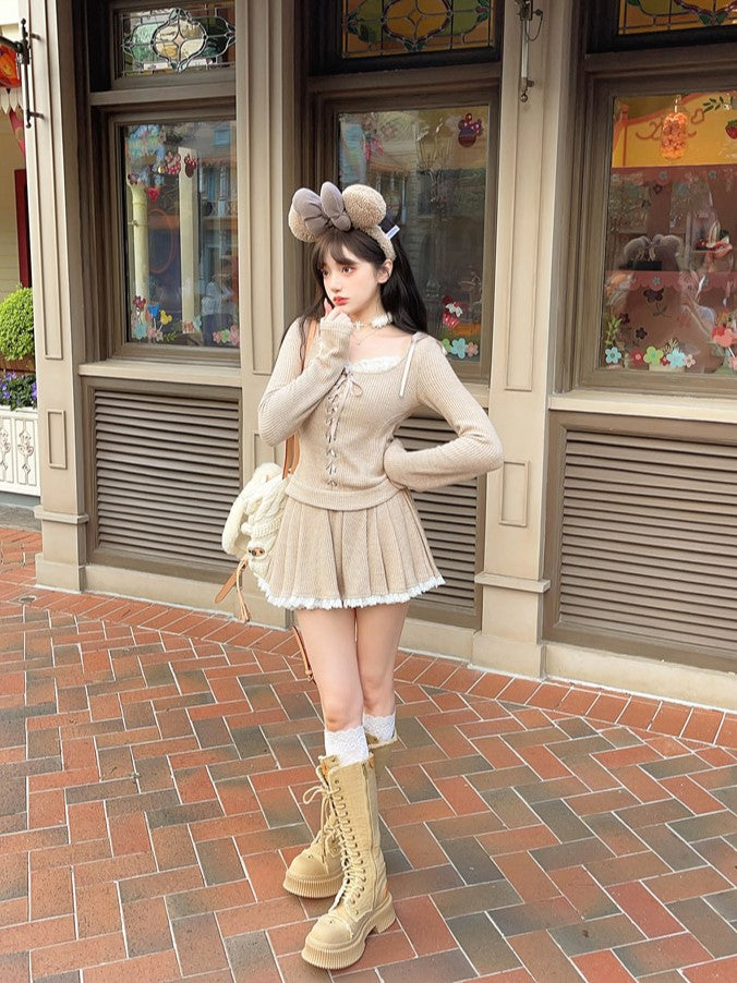 Bow Knit With Adjustable Milk Front Lace-Up Hoodie Tea Accents