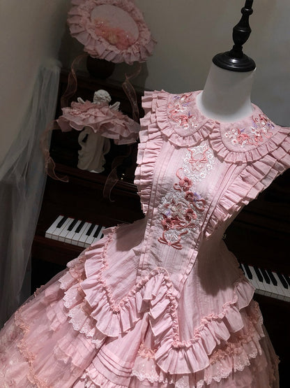 Pink Flutter Sleeves Lolita Top + Floral Embroidery Ruffled Skirt + Sheer Overlay + Hat Set - Misty Isle Letter
