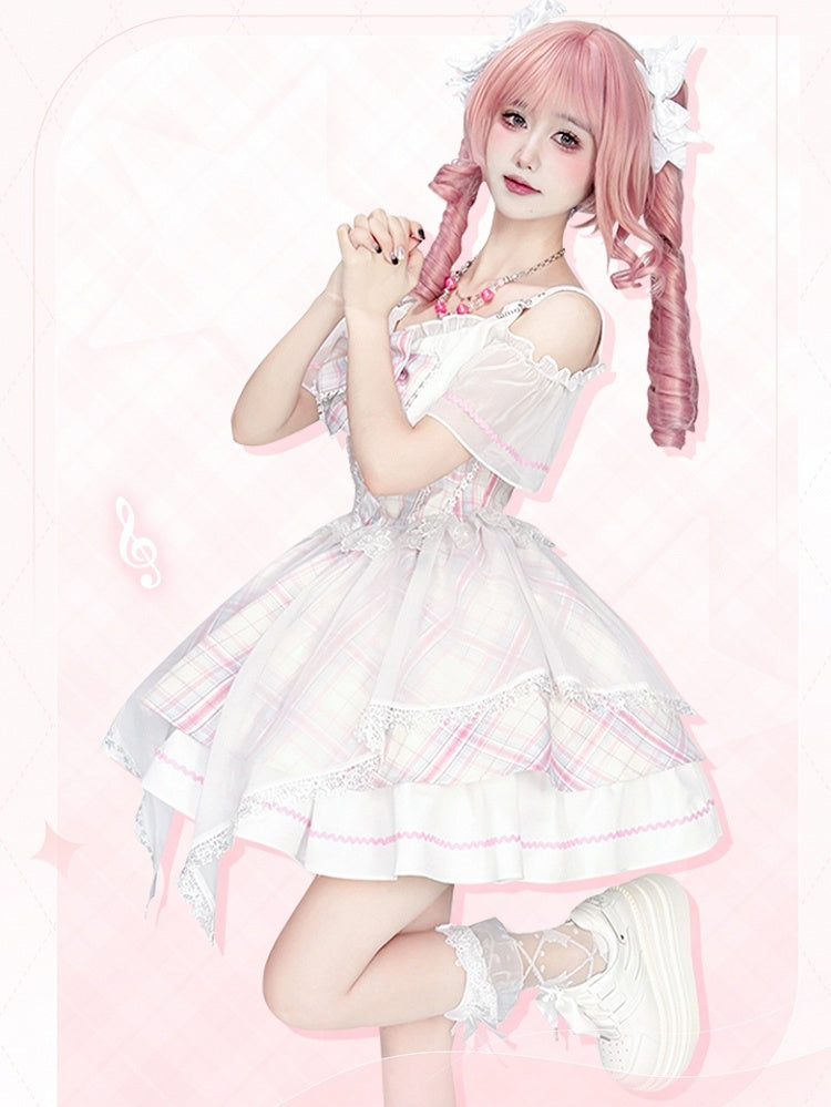 with Off-the-shoulder Pink Skirt Neckline Sweet Bowtie Lolita Jumper Free Idol Plaid
