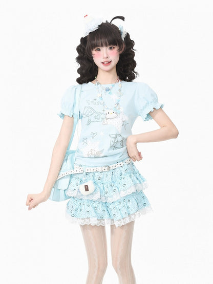Blue Puff Sleeve Crew Neck Top with Rocking Horse Print - Languid Park