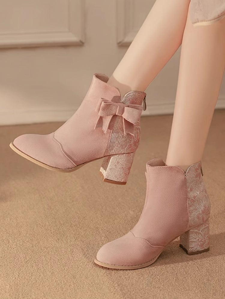 Heel Version Regular/Thicken Lolita with Bow Boots Qi Block Accent Satin Combination and Suede