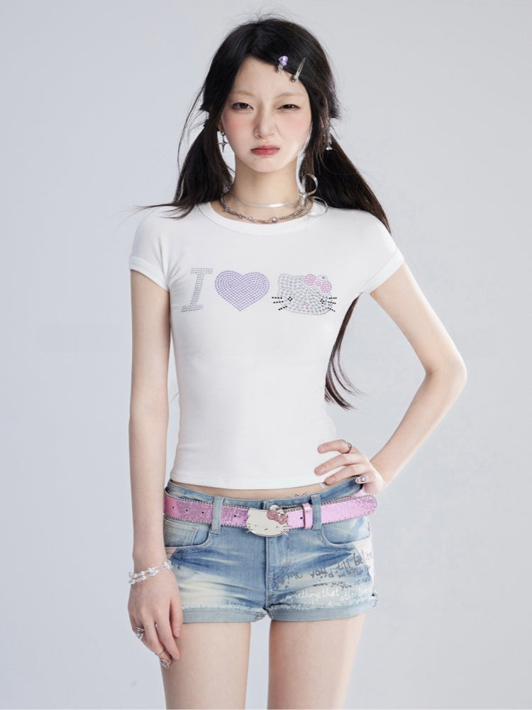 Sweet White Kitty Rhinestones Tank Top/T-Shirt