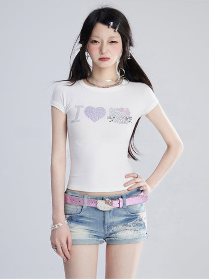 Sweet White Kitty Rhinestones Tank Top/T-Shirt