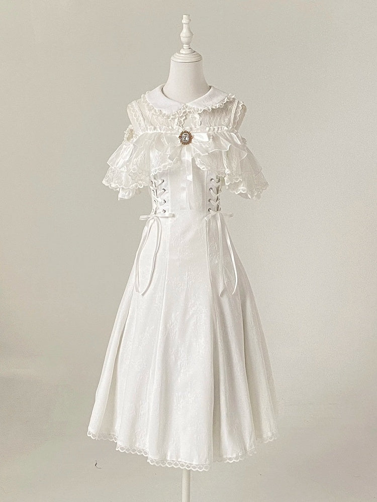 Off-Shoulder Jacquard Dress with Bow Accents, Peter Pan Collar, 4 Colorways - Kitty Bxllet