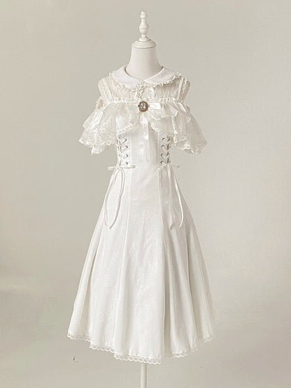 Off-Shoulder Jacquard Dress with Bow Accents, Peter Pan Collar, 4 Colorways - Kitty Bxllet