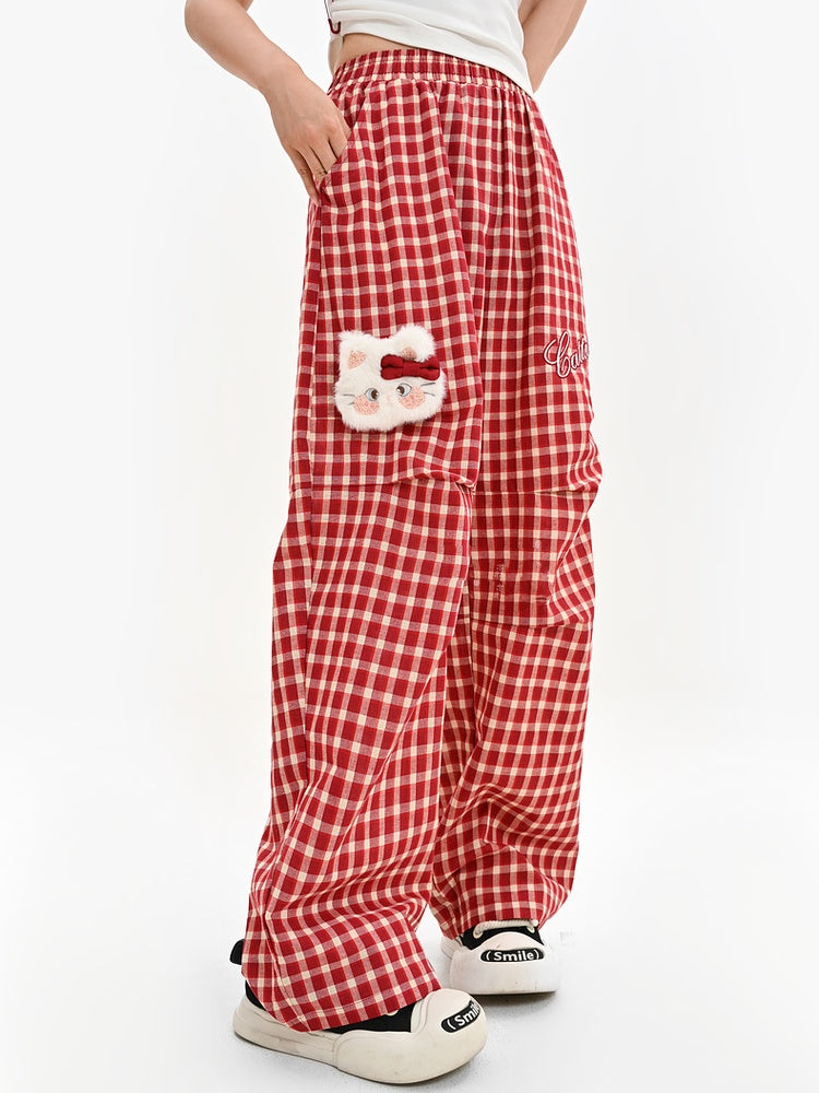 キティのぬいぐるみ付きパンツ（レッドチェック柄）ウエストゴムワイドレッグカジュアル