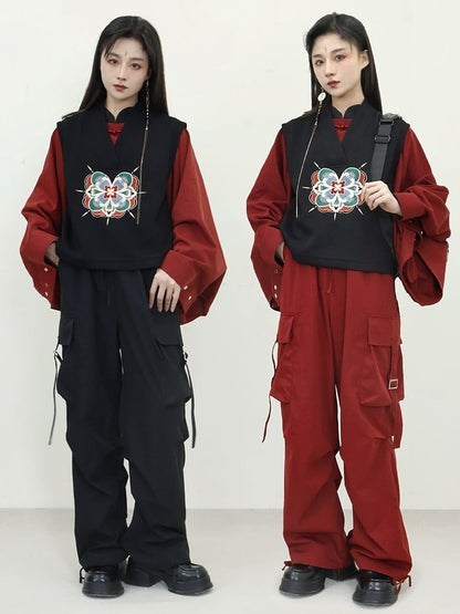 Knot Sleeve Style with Long in Buttons Chinese Ornate Red Unisex Top