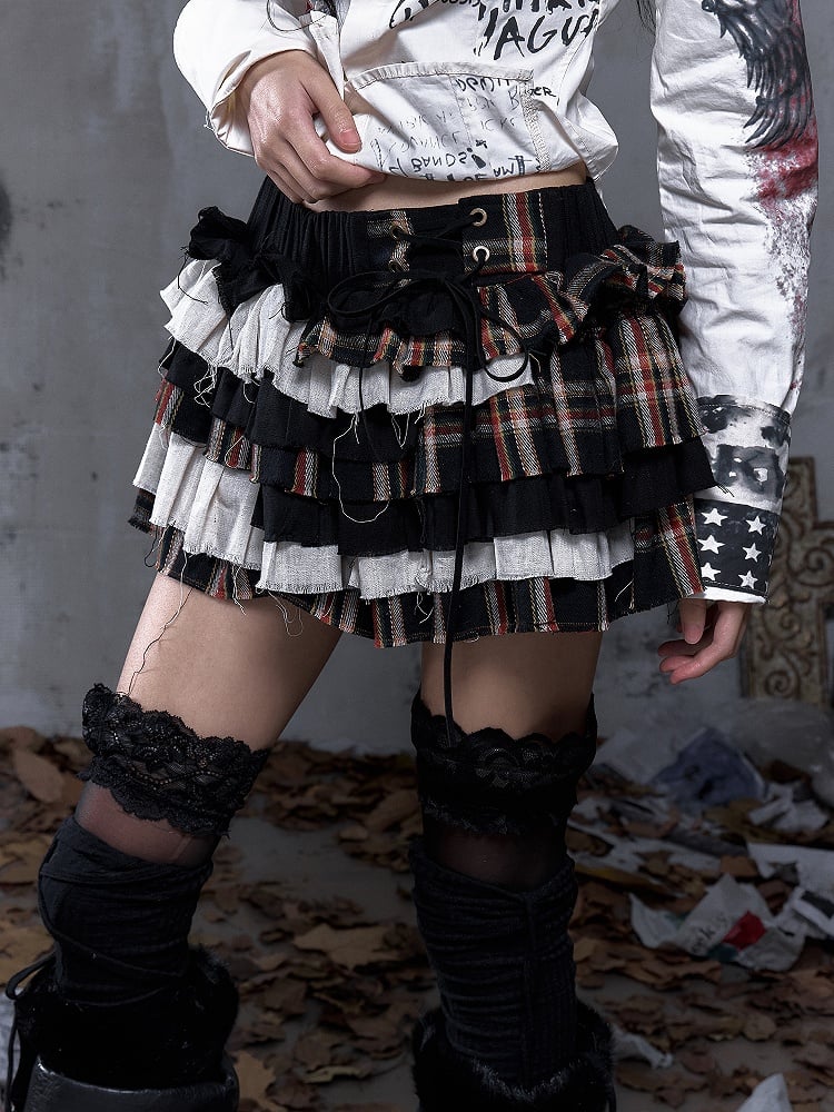 Vintage Punk Shorts Crisscross Plaid Black Skirt Tiered Built-In with Lacing