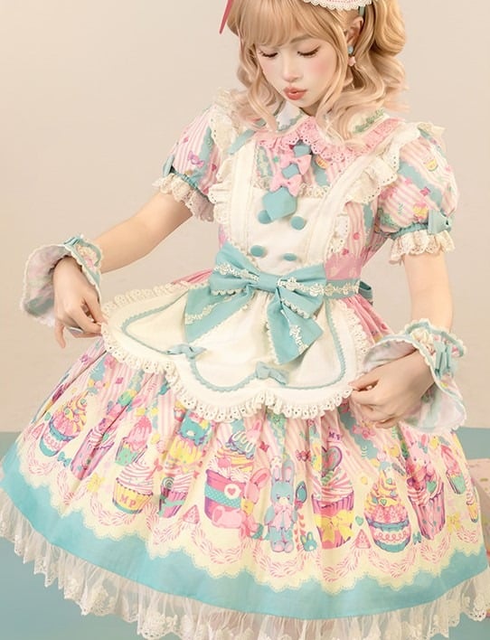 Bunny Collar Dress Pan Lolita Maid Blue Print Cupcake Peter and Pink