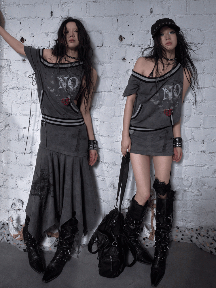 Asymmetrischer Ausschnitt Grau/Weiß Wasteland Punk Distressed Kleid