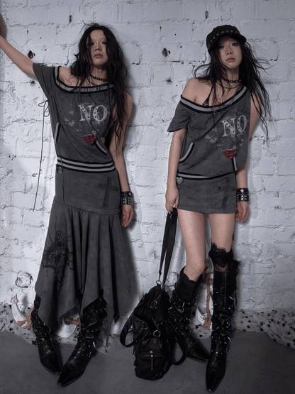 Asymmetrischer Ausschnitt Grau/Weiß Wasteland Punk Distressed Kleid