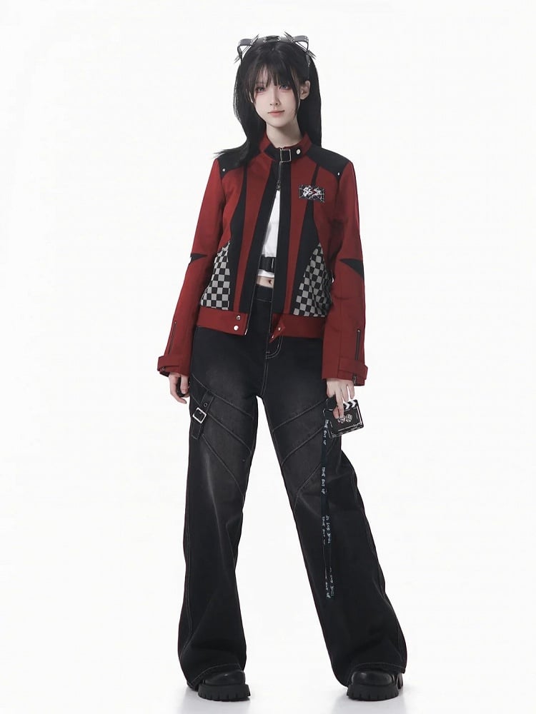 Futuristic Zipper Checked Red with Colorblock Black Jacket Inverted Techwear Motor