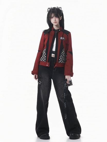 Futuristic Zipper Checked Red with Colorblock Black Jacket Inverted Techwear Motor