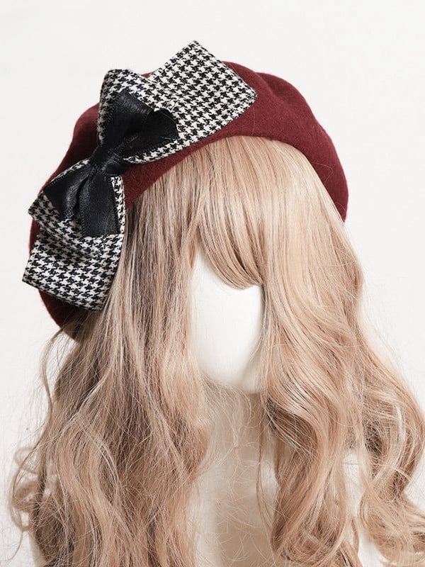 4 Color Options Lolita Detachable Houndstooth Bowknot Beret