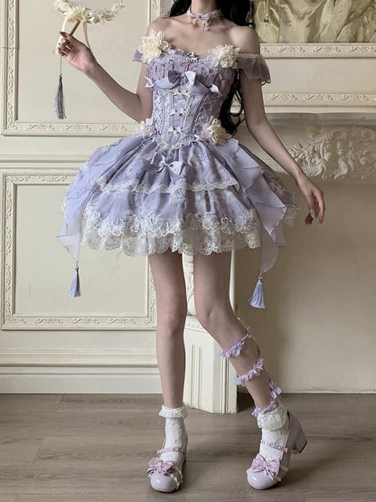 Version with Corset Purple Top Floral Frog Skirt Buttons Lolita Jasmine-Embellished Print Short +