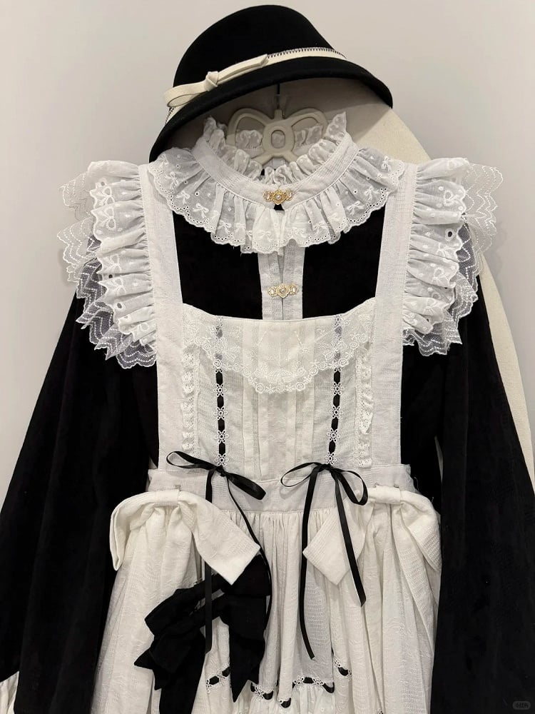 White Bell Bonnet Black Han Floral Apron Horse-face Sleeves Print Top Lolita + Skirt Set