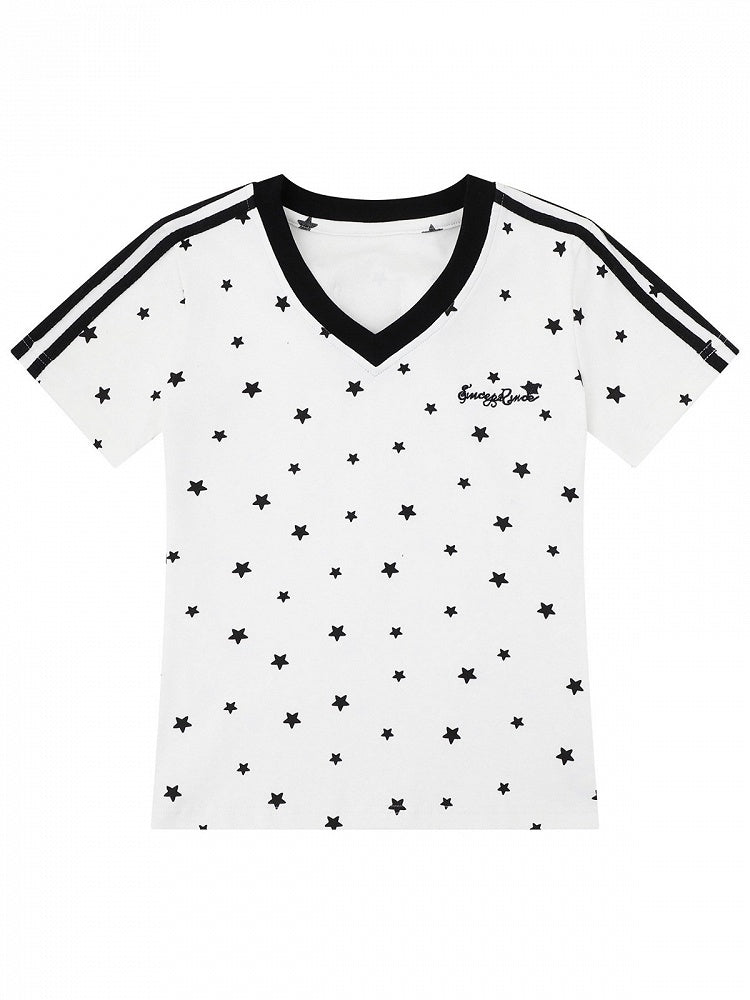 White Star Print V-Neck Tee with Wing Back Design - Languid Park