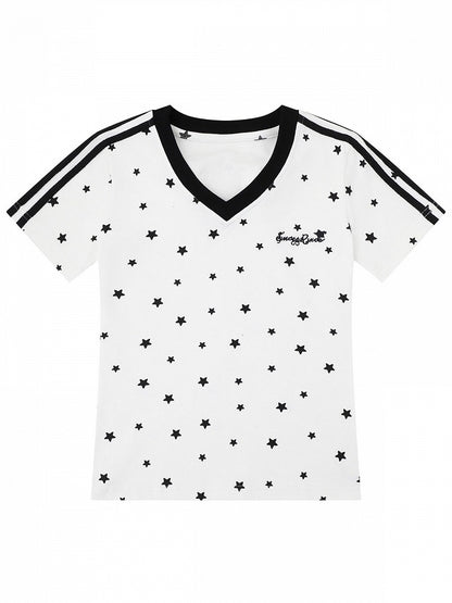 White Star Print V-Neck Tee with Wing Back Design - Languid Park