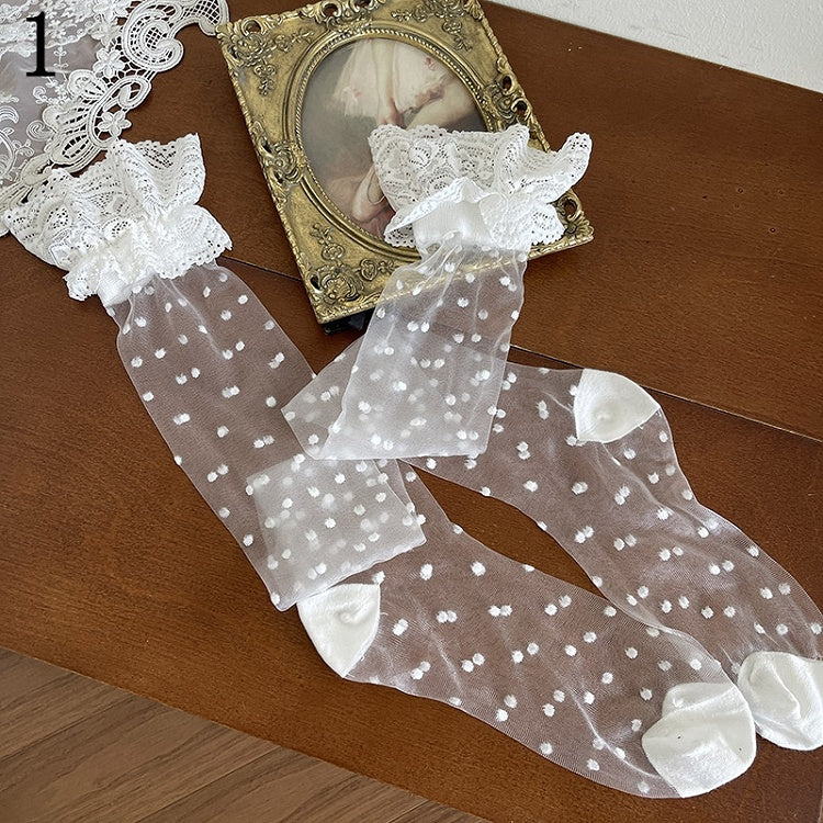 Lace Stockings/Floral Pattern Trims Socks/Lace Tulle Hollow-out Underknee White Socks Fishnet Stockings/Feather