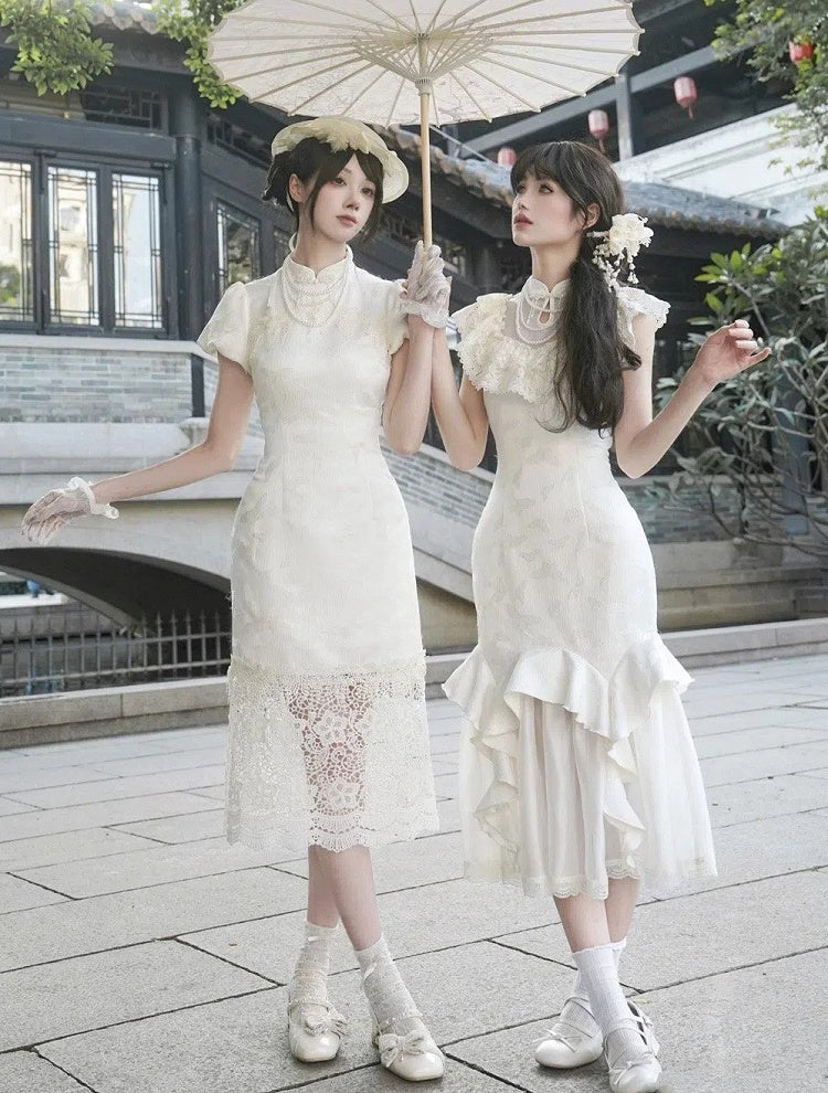 Slit Panel Banded Hem Side Dress Lace Qi Lolita Collar Butterfly Qipao Jacquard