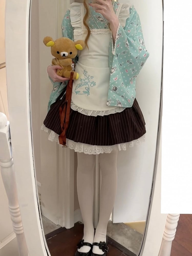 Wrap Set: 3-Piece Top Kimono Green Style Mint Maid-Inspired