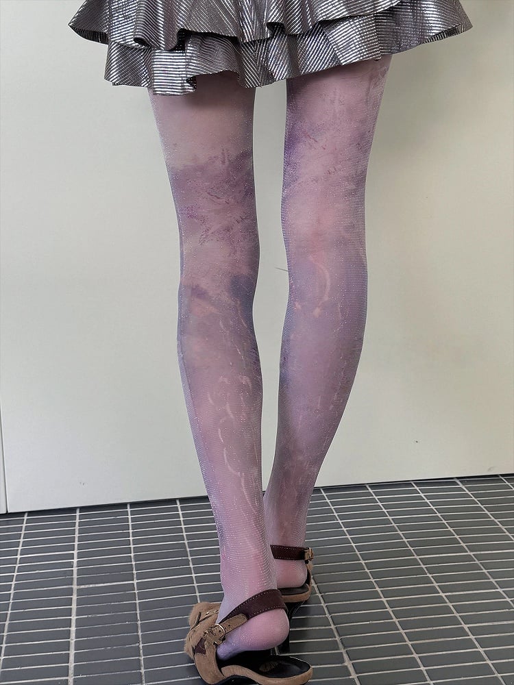 Watercolor Silver Thread Print Pantyhose
