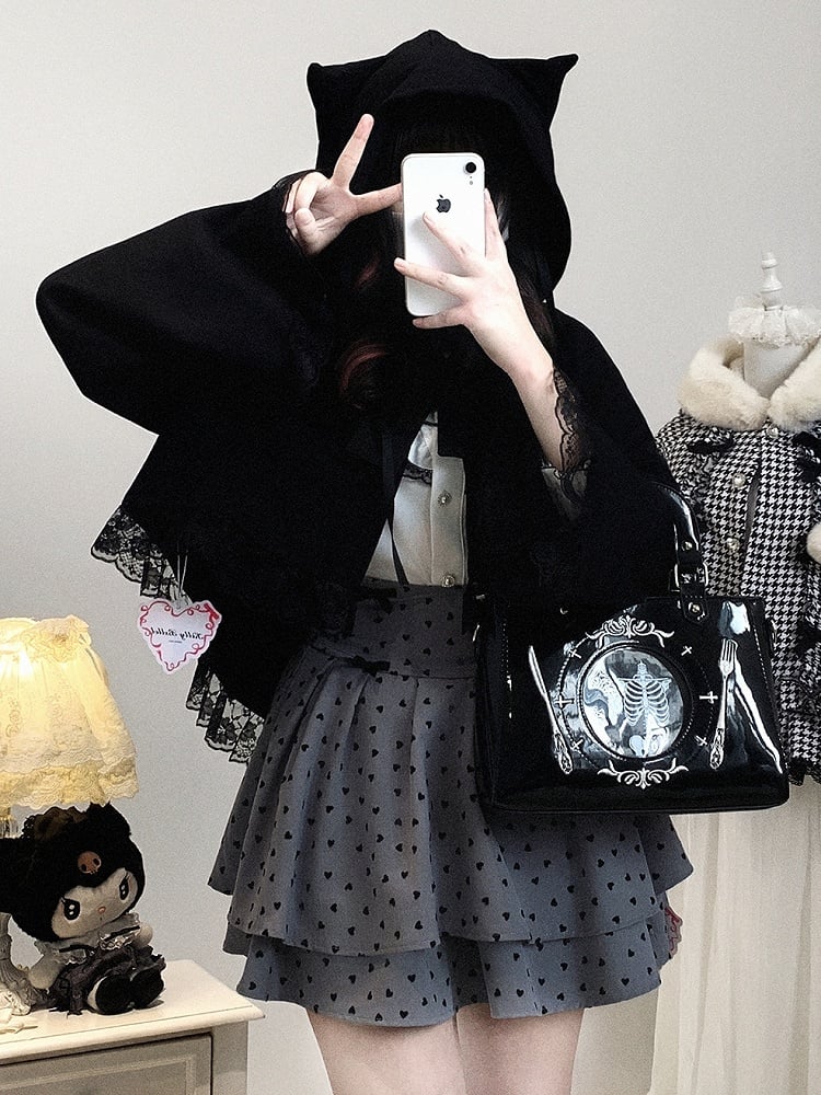 / Detail with Black Lace | Kei Short Trim Cape Kitty-Ear Jirai