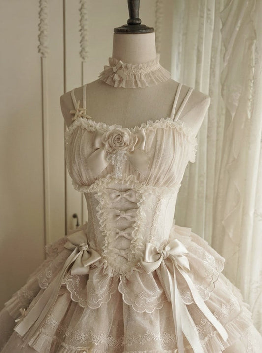 Elegant Accents Top and Beige Bow Classic Trim with Corset Lolita Rose Lace Boned