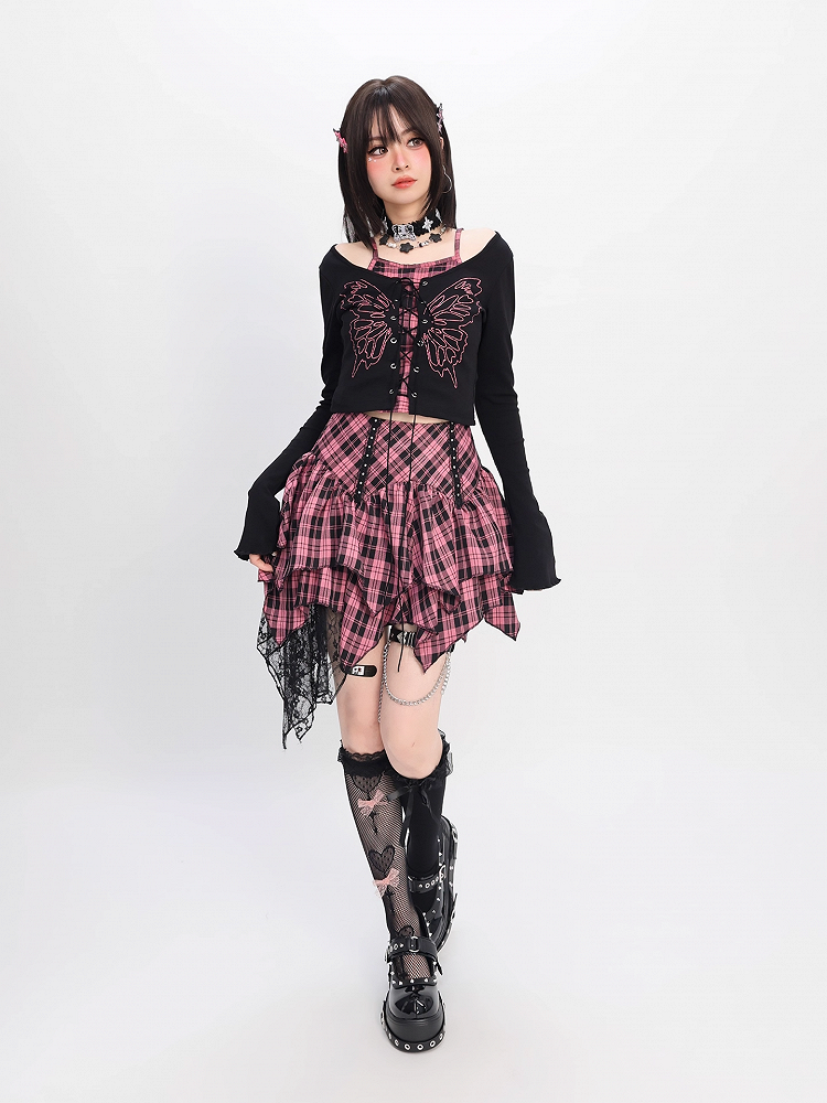 Top Faux Y2K Schnürung vorne Schmetterlingsdruck Schwarz Pink Plaid Zweiteiler und