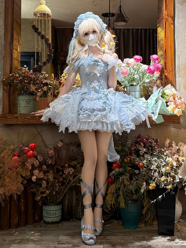 Princess Balletcore Bead Corset Bow Skirt Chains Lolita Jumper Blue Elegant and with Accents