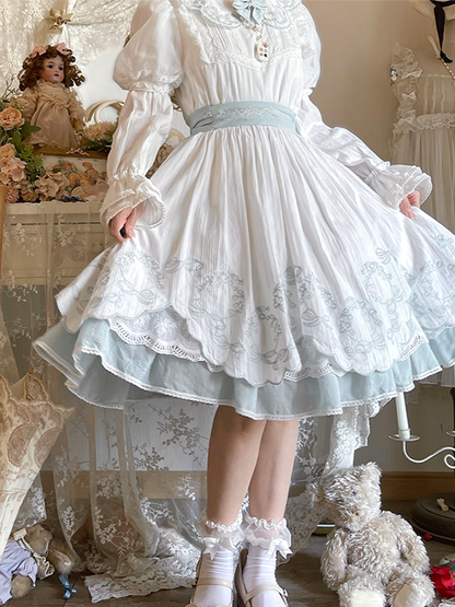 Blue & White Lace Petal Hem OP Dress with Belt and Bow Set - Rosa multiflora