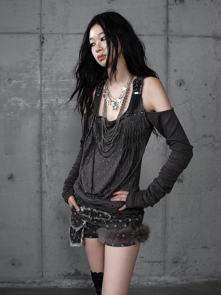 Knit Accents Cutout Gray Layered Shoulder Sequin Top Studded Dark with