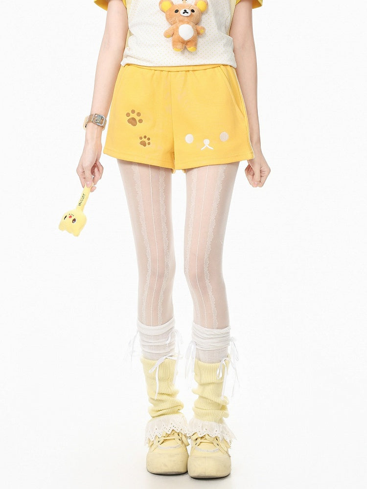 Kawaii Otaku Bear-Embroidered Yellow Shorts for Casual Wear - Languid Park