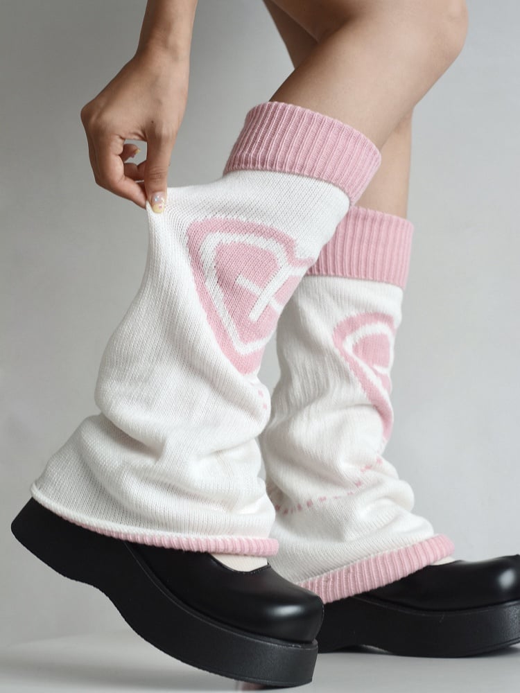 Pink Heart & Cross Pattern Black/White Flared Knitted Leg Warmers