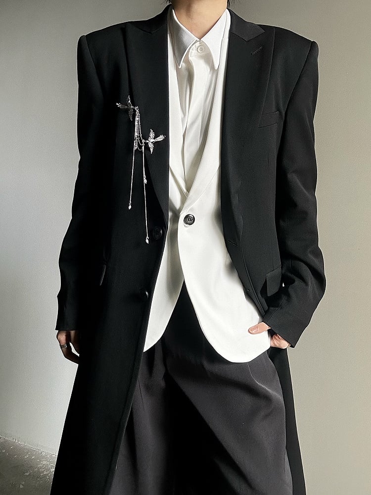 Black Structured Long Trench Coat with Notch Lapel