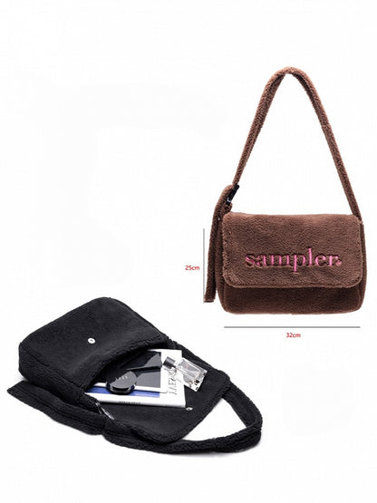 Letter Embroidered Fuzzy Tote Bag- Perfect For Fall And Winter Black Elegant