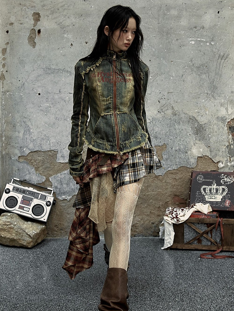 Patchwork Skirt Green with Studded Punk Belt Plaid Military Denim