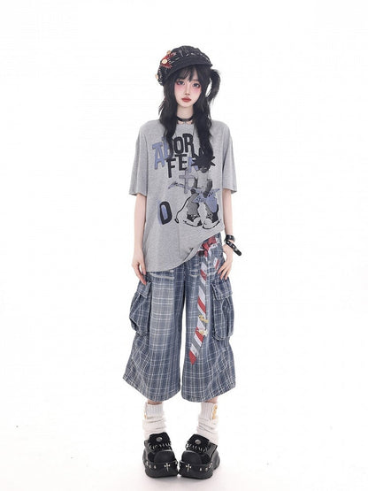 Blue Plaid Denim Wide Leg Cropped Pants with Belt Print - KNOW8 Online Shop