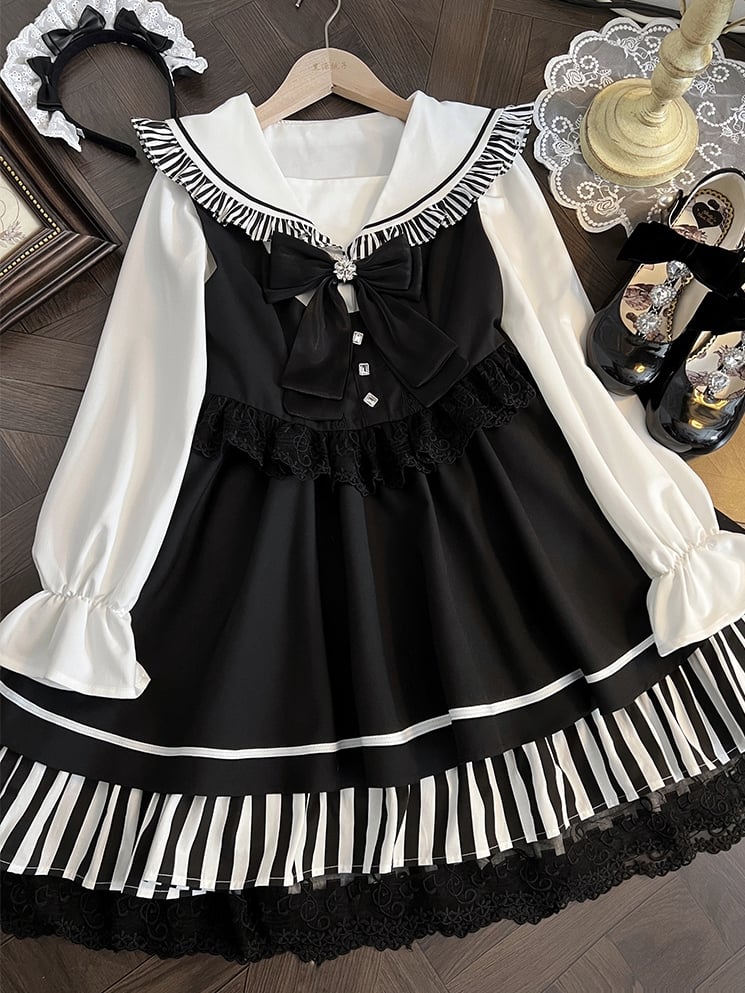 Schwarze Jirai Kei Sailor Collor Bluse mit hoher Taille und Spitzenbesatz, Overall-Kleid-Set