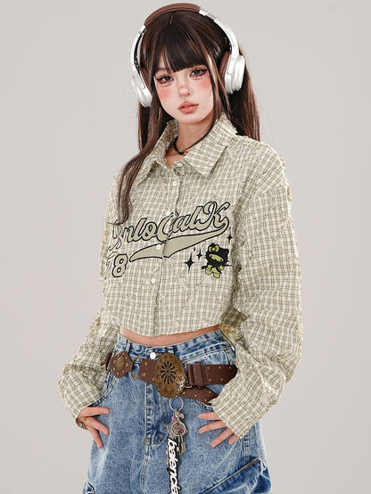 Green/Pink Letters Plaid Cropped Shirt