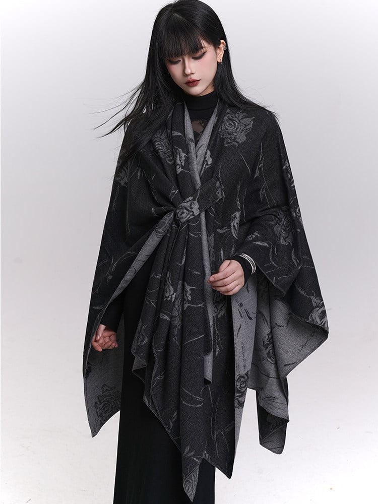 Floral Pattern Gothic Shawl Black with