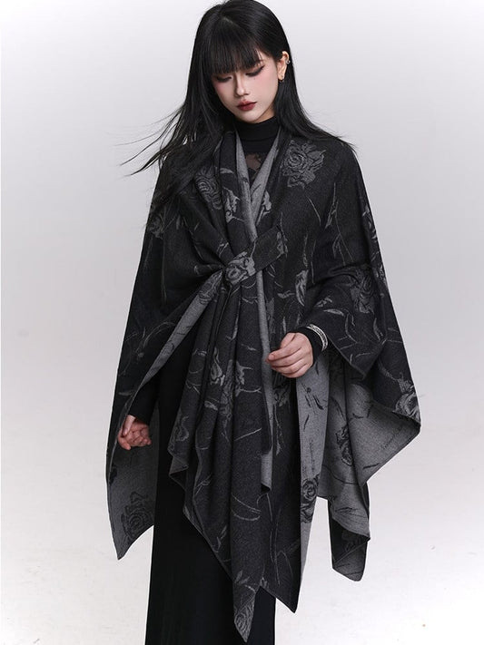 Floral Pattern Gothic Shawl Black with