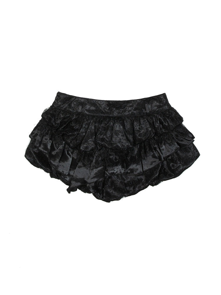 Embroidered Satin Tiered Black Low-Waist Lace with Handkerchief Bubble Hem Floral Gothic Skirt