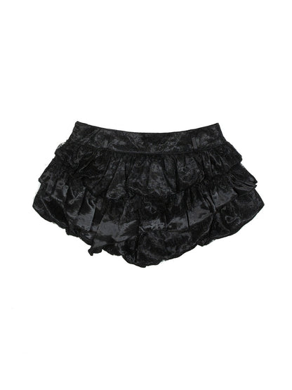 Embroidered Satin Tiered Black Low-Waist Lace with Handkerchief Bubble Hem Floral Gothic Skirt