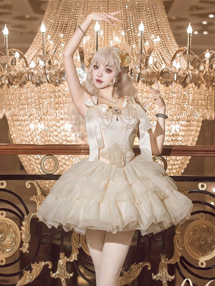 Layered Decorated Skirt Corset Top Rhinestone Tulle Jacquard + Champagne Set